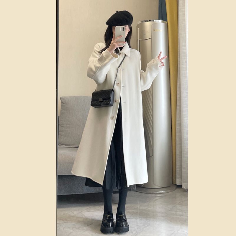 Double-sided fleece coat for women, mid-length,  autumn and winter, western style, loose, small student, stand-up collar woolen coat