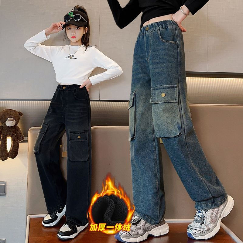 女童加絨褲子秋冬款一體絨時尚兒童女大童冬季外穿加厚闊腿牛仔褲