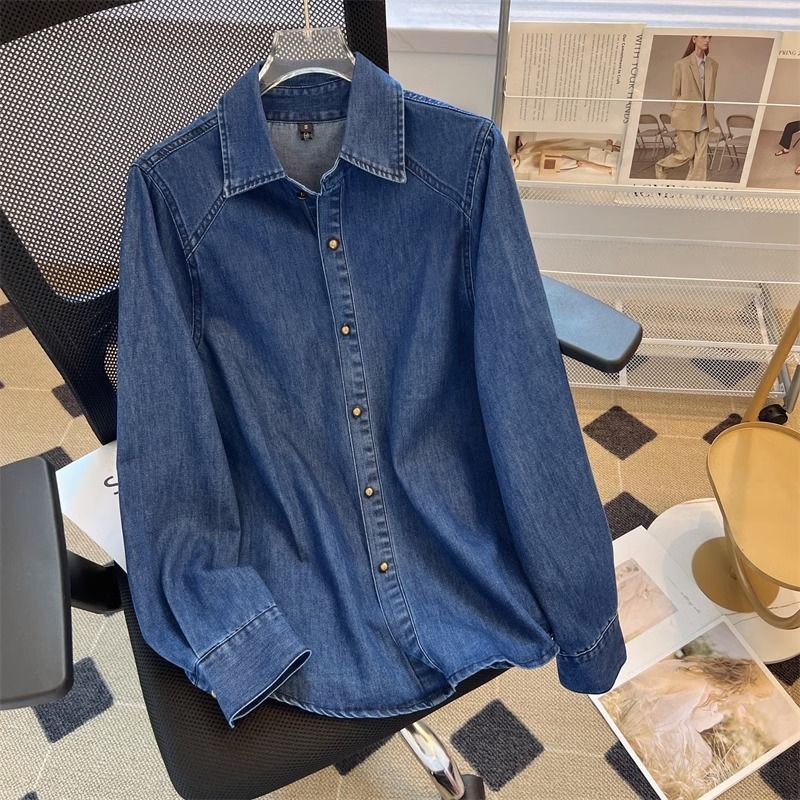 Uncurled retro dark blue soft denim long-sleeved shirt for autumn and winter loose inner layering for commuting for small people