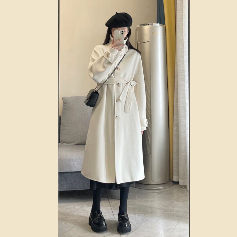 Double-sided fleece coat for women, mid-length,  autumn and winter, western style, loose, small student, stand-up collar woolen coat