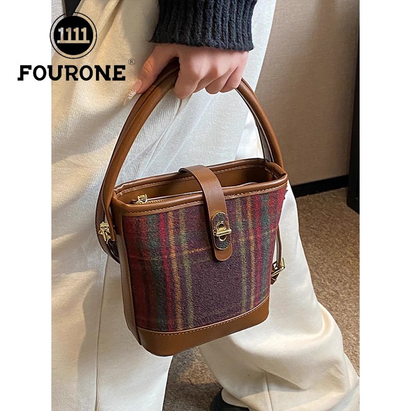 Plaid woolen bag women's new trendy fashion high-end single shoulder crossbody bag portable bucket bag