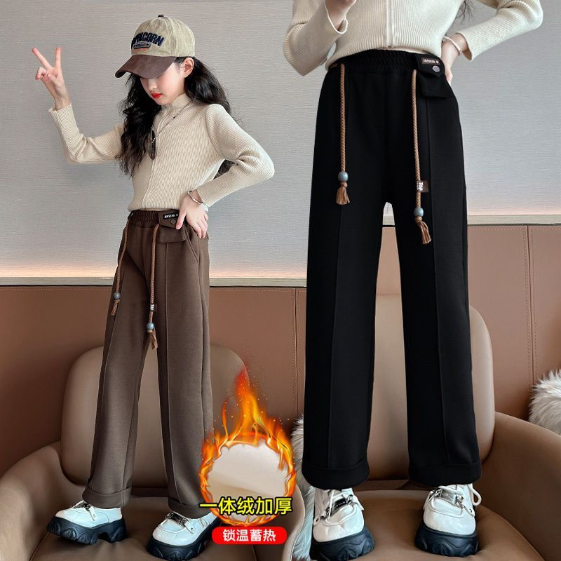 女童秋冬加絨闊腿褲2023新款中大童外穿一體絨兒童直筒冬裝休閒褲