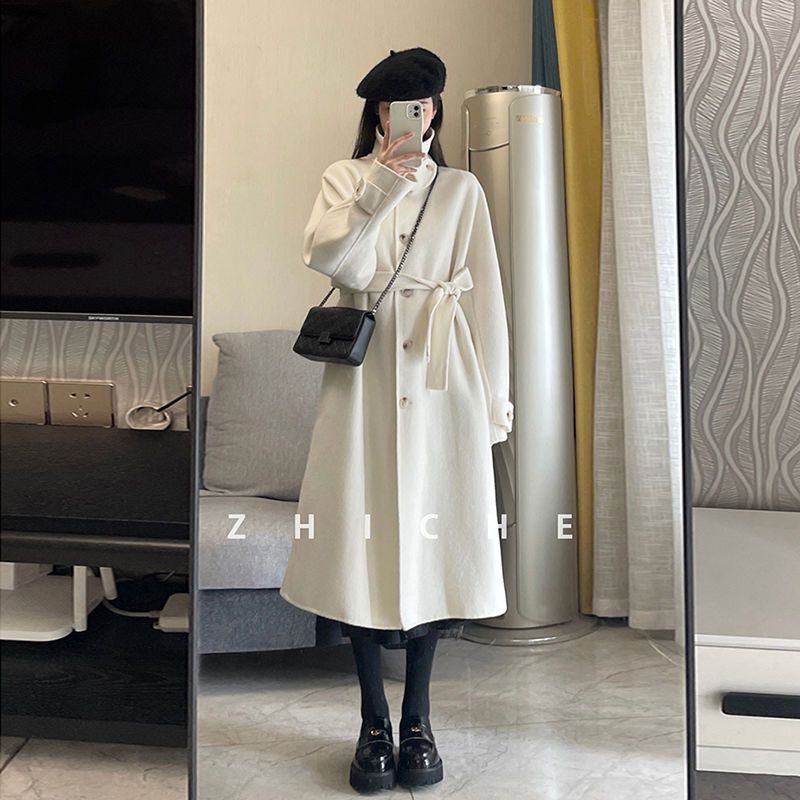 Double-sided fleece coat for women, mid-length,  autumn and winter, western style, loose, small student, stand-up collar woolen coat