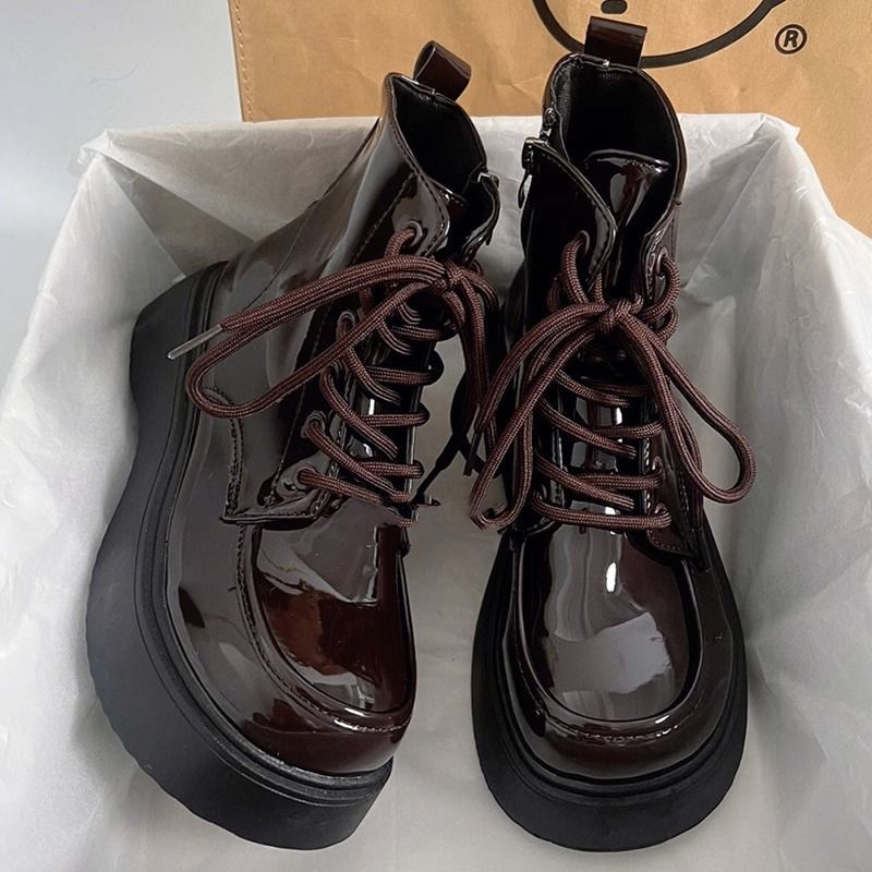 2023 new British style versatile platform thick-soled genuine leather big-toe short boots jk retro lace-up patent leather Martin boots
