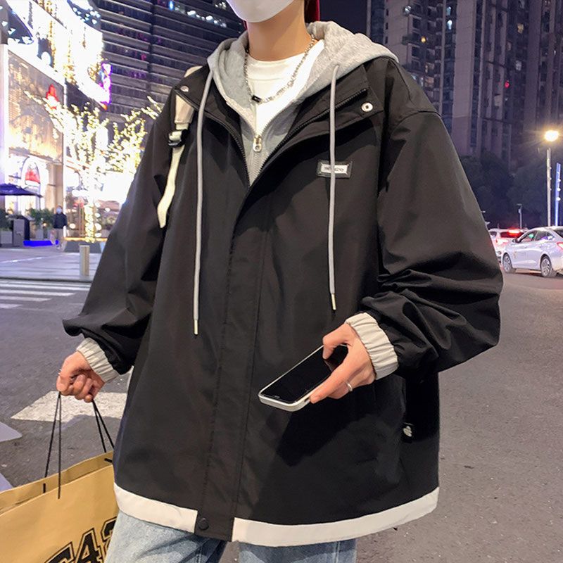 假兩件外套男士春季潮牌連帽衝鋒衣服港風學生春秋款防風夾克男裝