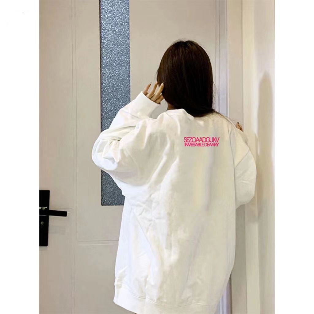 復古美式圓領衛衣女2023秋冬季加絨寬鬆白色學院風上衣外套潮ins