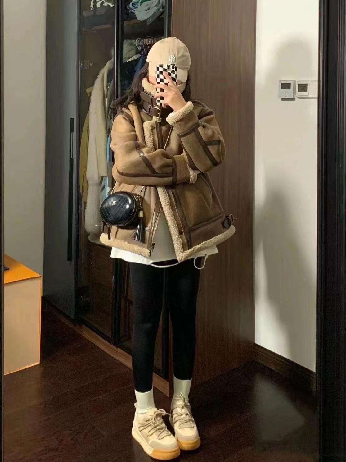 皮毛一體羊羔毛外套女2023新款冬季麂皮絨機車服夾克羊羔絨棉服