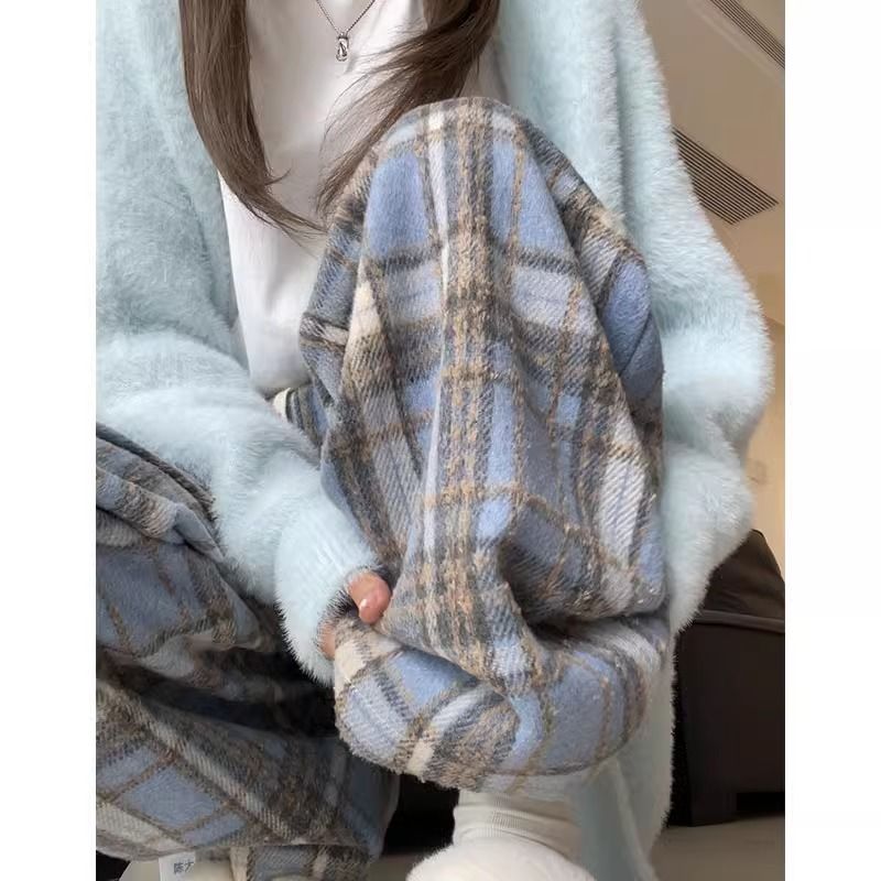 藍色毛呢格子褲子男女秋冬新款高腰垂感休閒拖地美式復古闊腿長褲