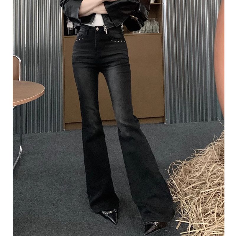 做舊黑灰色微喇牛仔褲女秋季美式復古高腰直筒褲子喇叭褲拖地長褲