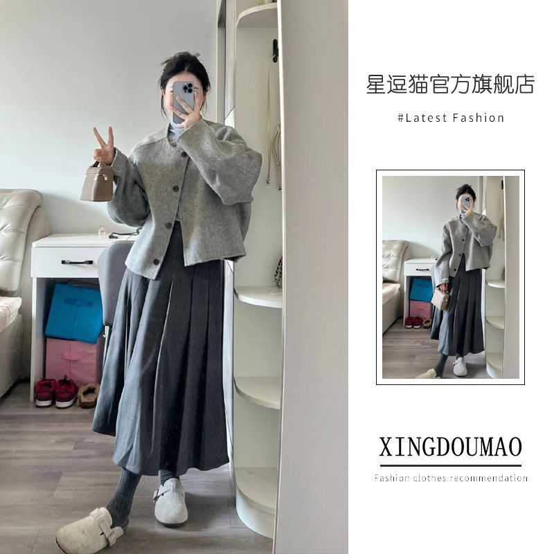 套裝女2023秋冬新款慵懶風毛呢外套百褶裙子兩件套冬裝搭配一整套