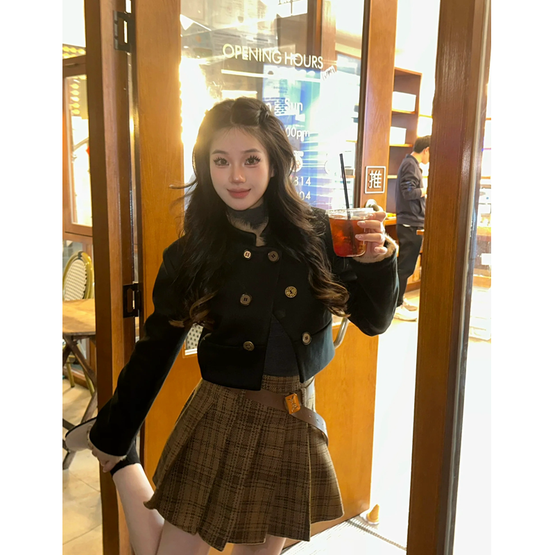 套裝女2023秋冬新款新中式毛領半做舊呢子短款外套高腰格子半身裙