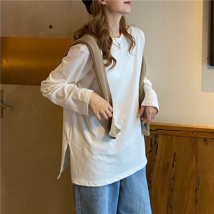 100%純棉兩側開叉長袖t恤女秋季新款寬鬆百搭ins打底衫氣質上衣潮