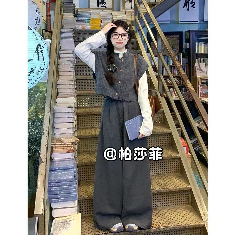 秋季新款慵懶風針織馬甲背心疊穿T恤上衣高腰休閒闊腿褲三件套女