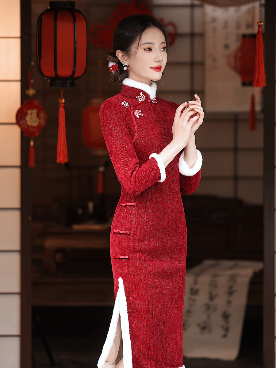 紅色改良旗袍秋冬季冬款加厚小個子過年拜年服女大人日常