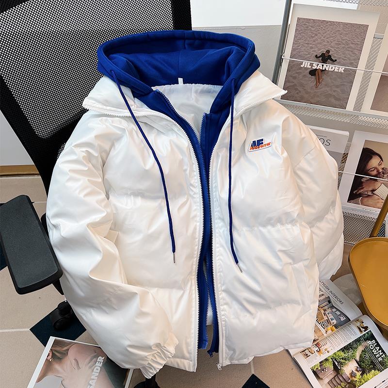 PU leather cotton jacket new 2023 winter fake two-piece hooded jacket loose and versatile handsome warm cotton coat Maillard