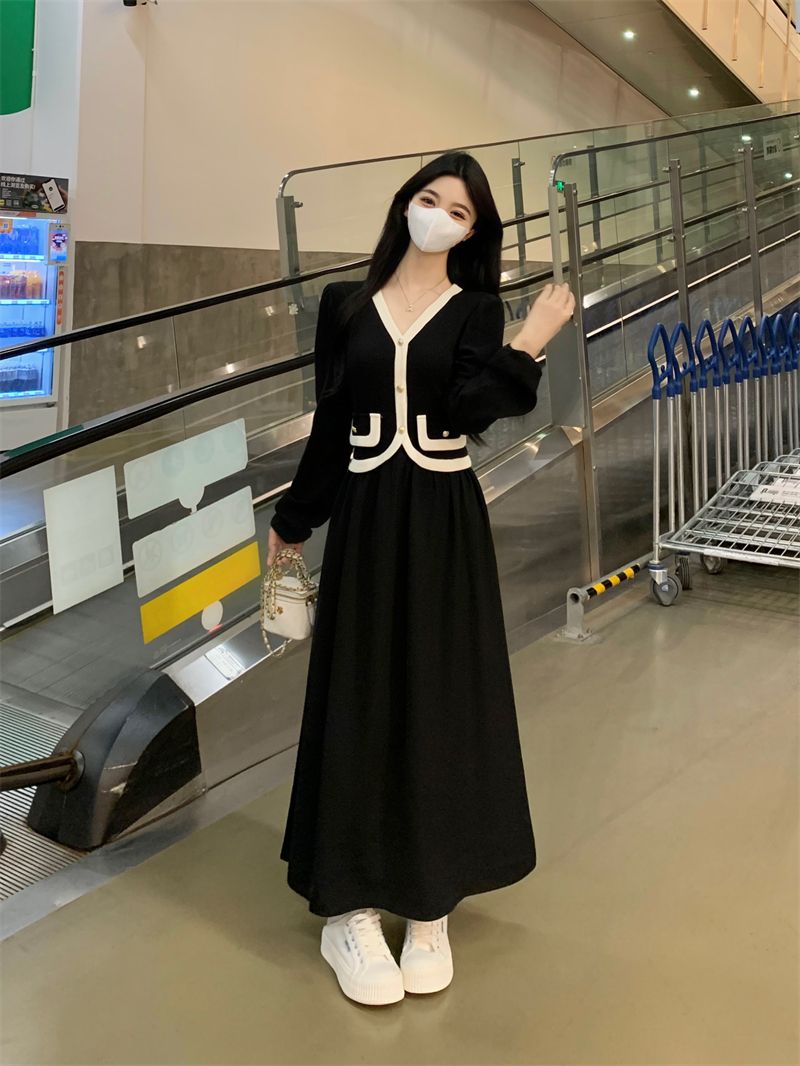 微胖mm大碼2023秋冬新款韓版收腰顯瘦連衣裙拼接撞色小香風裙子