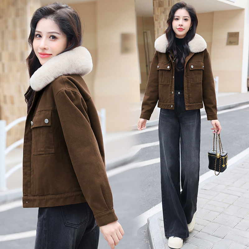 加絨加厚牛仔派克服外套女2023秋冬新款洋氣質小個子百搭短款棉服