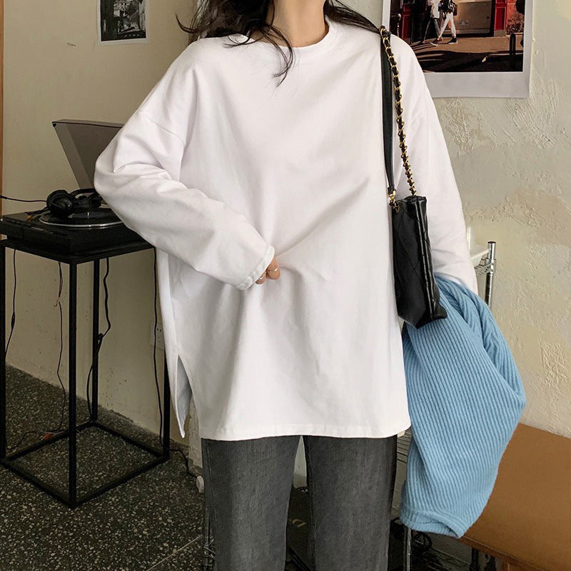 白色長袖t恤女寬鬆純棉內搭兩側開叉韓版百搭常規款打底衫女春秋