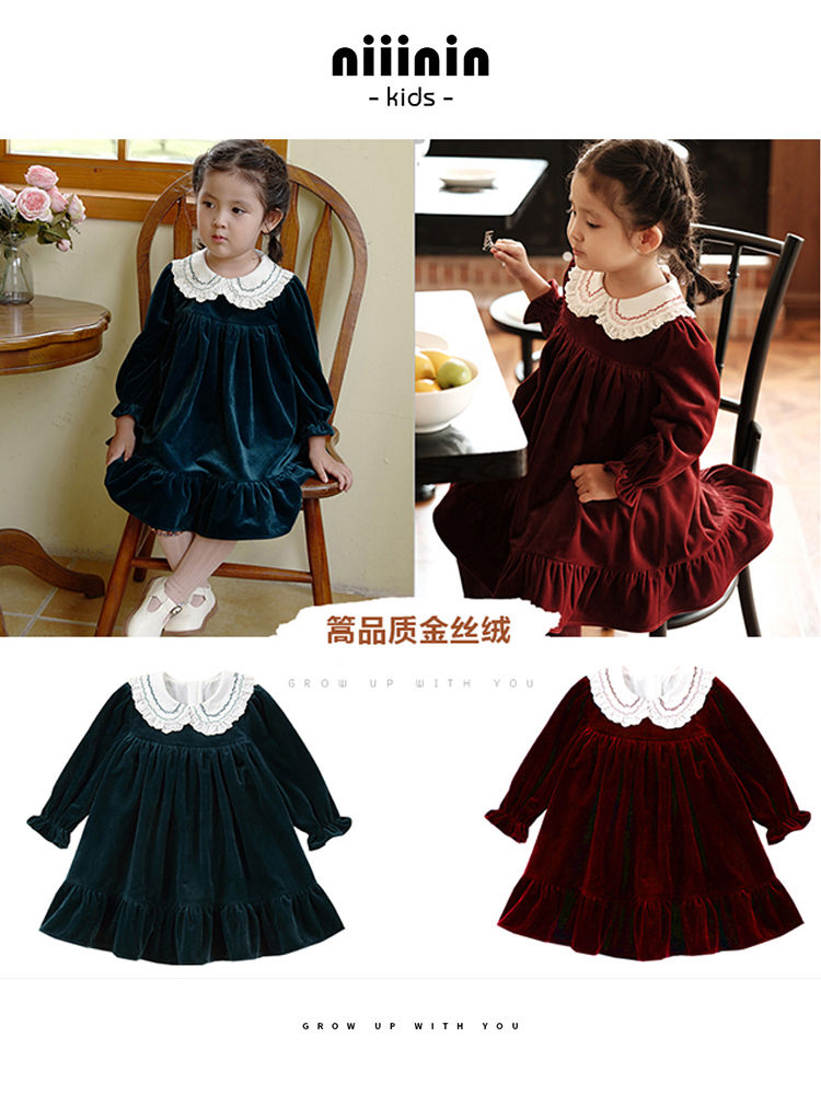 高品質秋冬女童絲絨連衣裙寶寶生日禮服新年法式公主裙