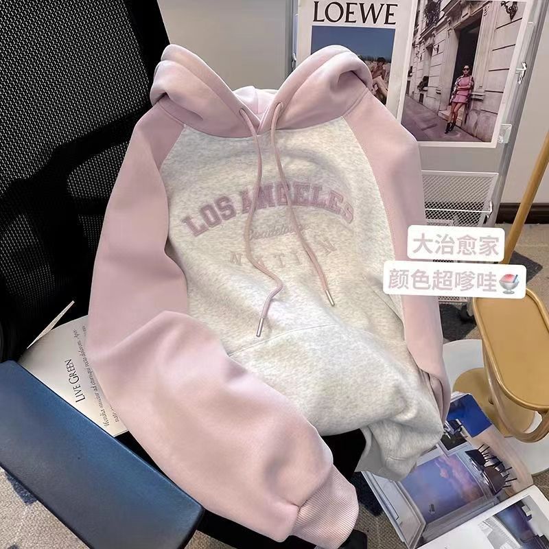 秋冬加絨加厚插肩連帽粉色衛衣女新款小個子寬鬆百搭上衣連帽衫潮
