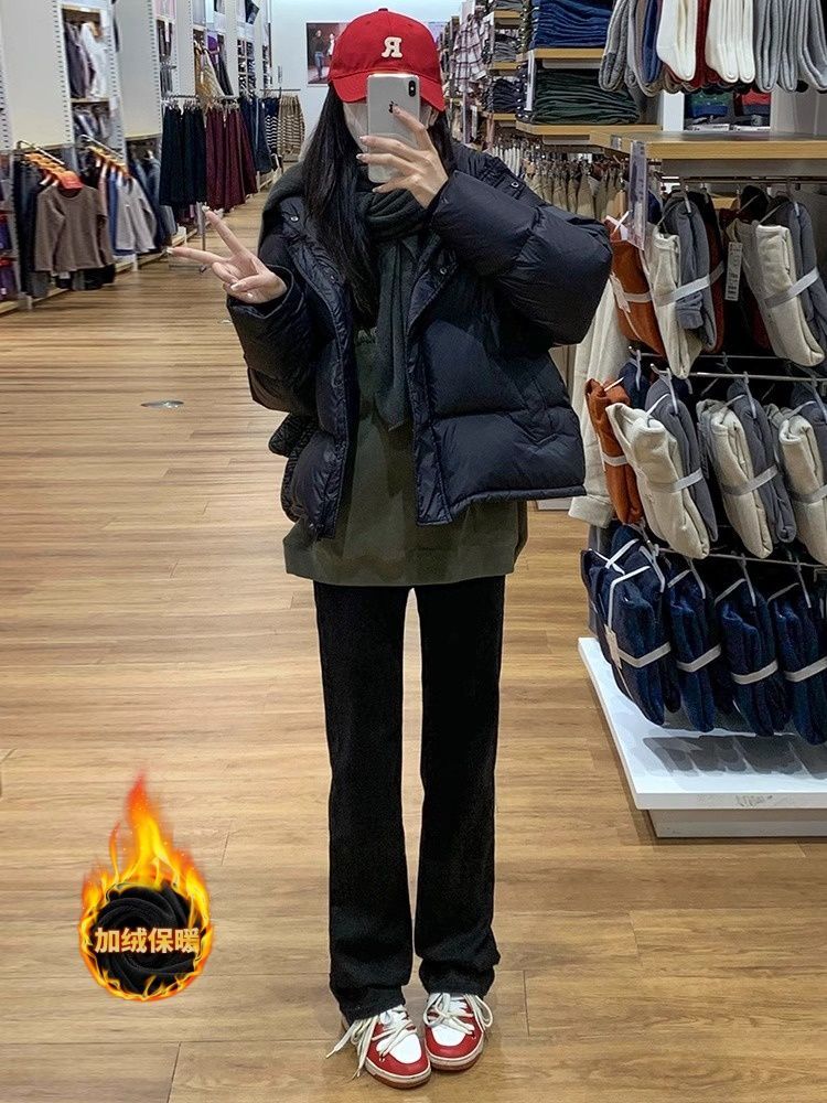 黑色直筒牛仔褲女秋冬百搭新款高腰加絨加厚窄版闊腿加長煙管褲子