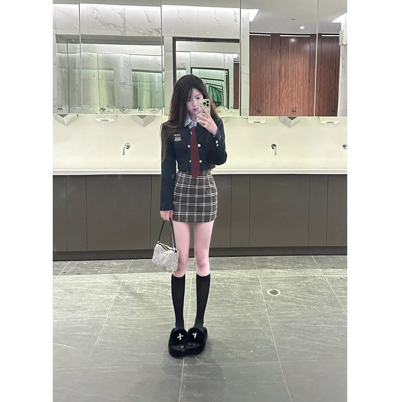 韓系學院風jk制服短款西裝外套女+藍色襯衫+格紋包臀短裙三件套裝