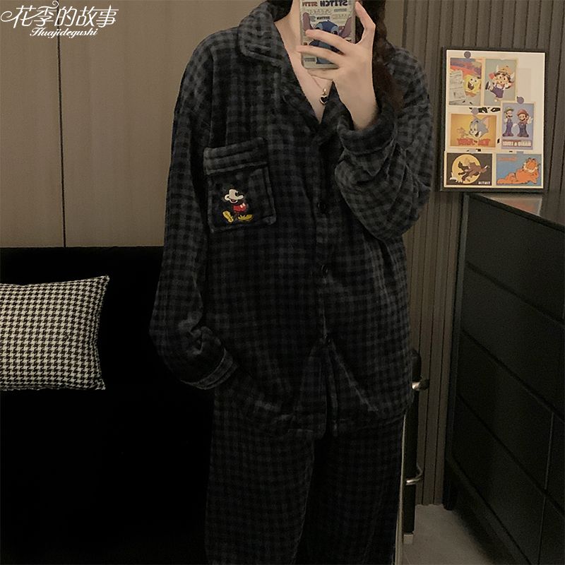 花季的故事珊瑚絨睡衣女秋冬季長袖套裝情侶款ins藍格米奇家居服