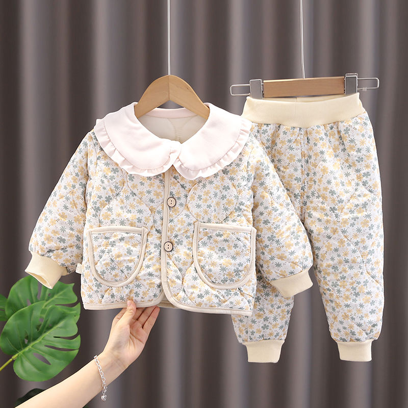 Girls' suits autumn and winter 2023 new quilted children's cotton coats baby cotton pants winter children's two-piece set