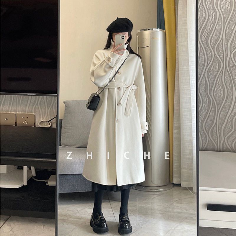 Double-sided fleece coat for women, mid-length,  autumn and winter, western style, loose, small student, stand-up collar woolen coat