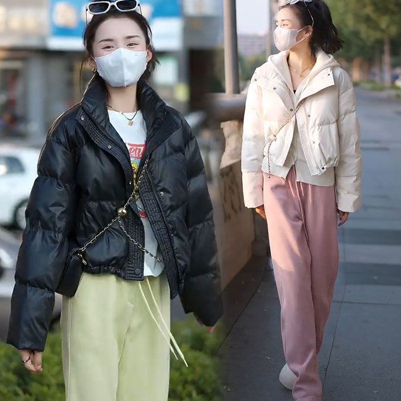 藍海奕諾免洗PU皮短款羽絨服女2023冬季加厚立領麵包服小個子外套