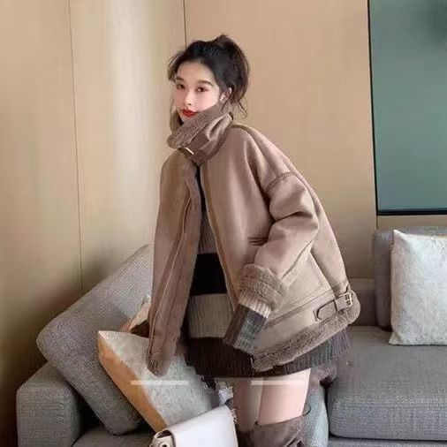 皮毛一體羊羔絨外套女冬2023新款韓版高級感仿羊羔毛麂皮絨機車服