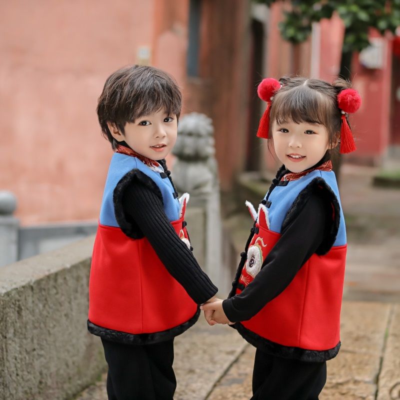 儿童唐装加绒马甲女童新年装中国风毛领加棉坎肩男宝宝中式拜年服