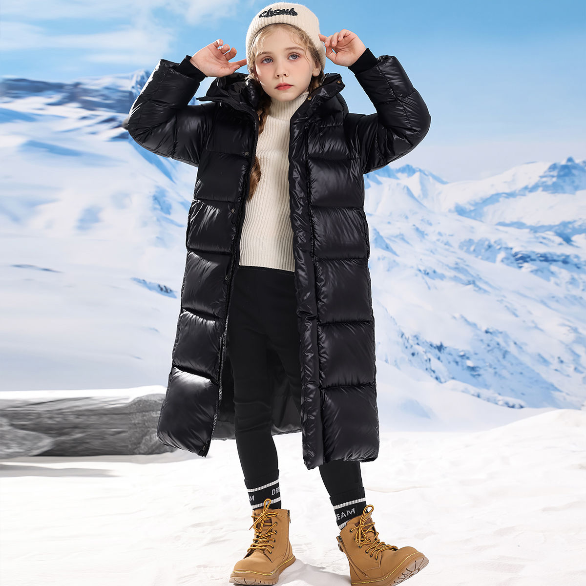 冬季中大童女童黑金棉衣外套中长款过膝加厚保暖2023新款儿童棉袄