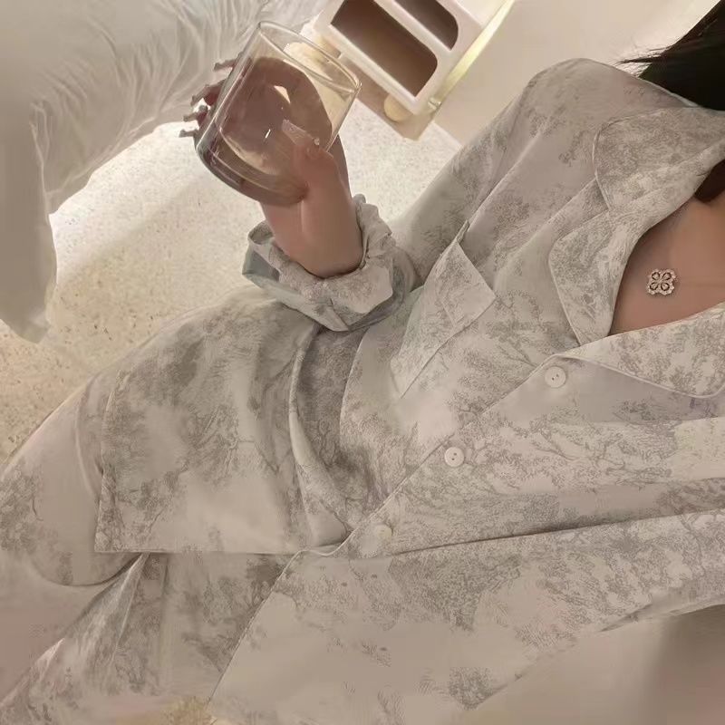 睡衣女款夏季仿真絲薄款長袖套裝春秋冰絲高級感水墨畫休閒家居服