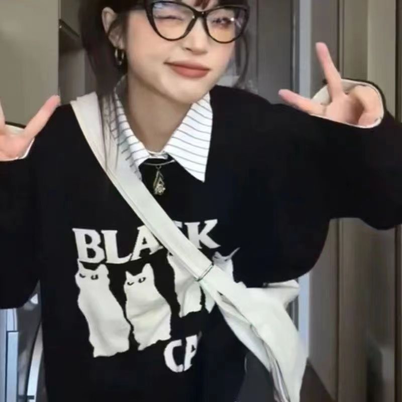原宿風圓領衛衣女韓版寬鬆早秋新款薄上衣加絨厚款百搭學生外套潮