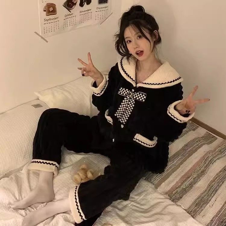海軍領睡衣女秋冬季珊瑚絨加厚保暖網紅風蝴蝶結小香風家居服套裝