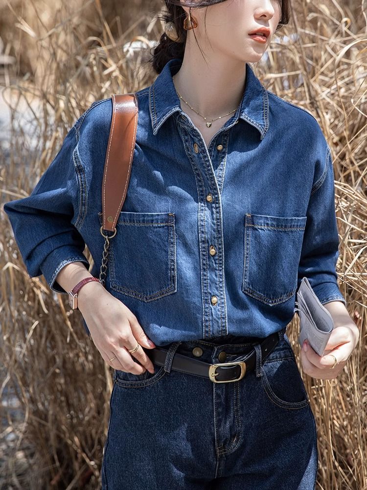 Spring and Autumn New Korean Style Loose Stacked Jacket Tops Hong Kong Style Casual Retro Blue Long Sleeve Denim Shirt for Women