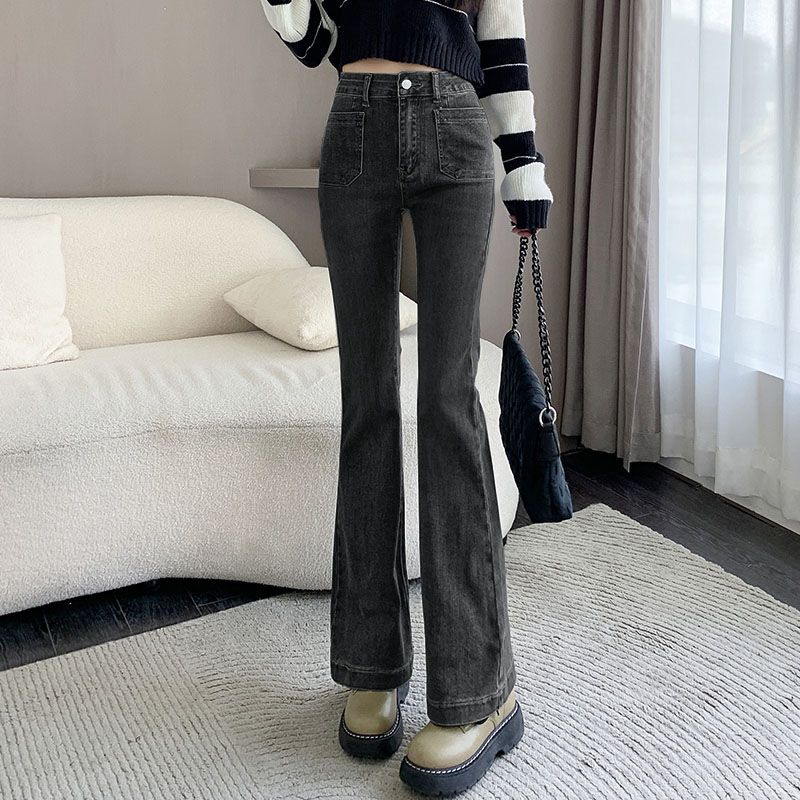 女士秋季修身微喇牛仔褲新款復古高腰顯瘦馬蹄褲喇叭拖地褲設計感
