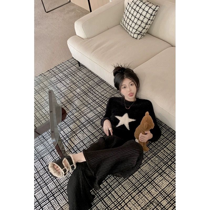 MINETTE仿水貂絨星星長袖毛衣女秋冬新款套頭短款針織衫上衣潮