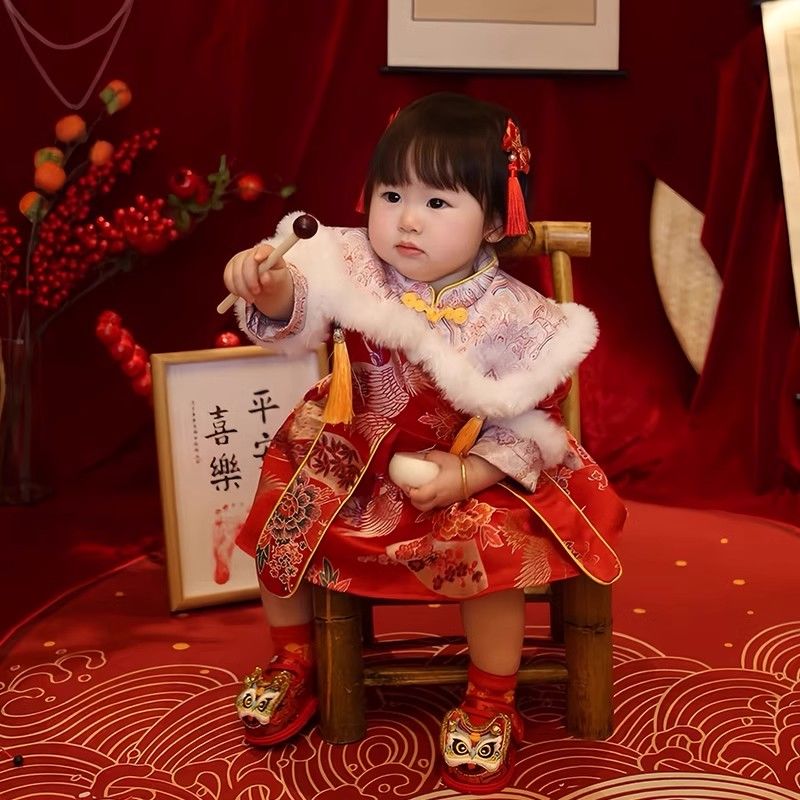 周歲禮服女寶寶冬季中國風一歲抓周衣服過年唐裝加絨喜慶拜年服冬