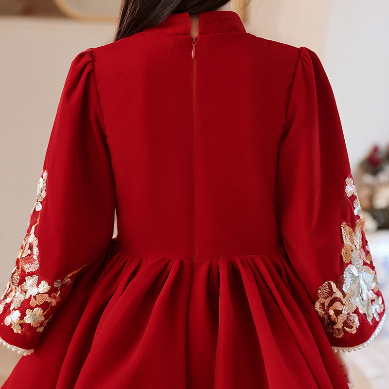 女童连衣裙加绒秋冬款小女孩中国风拜年服新款儿童红色喜庆公主裙