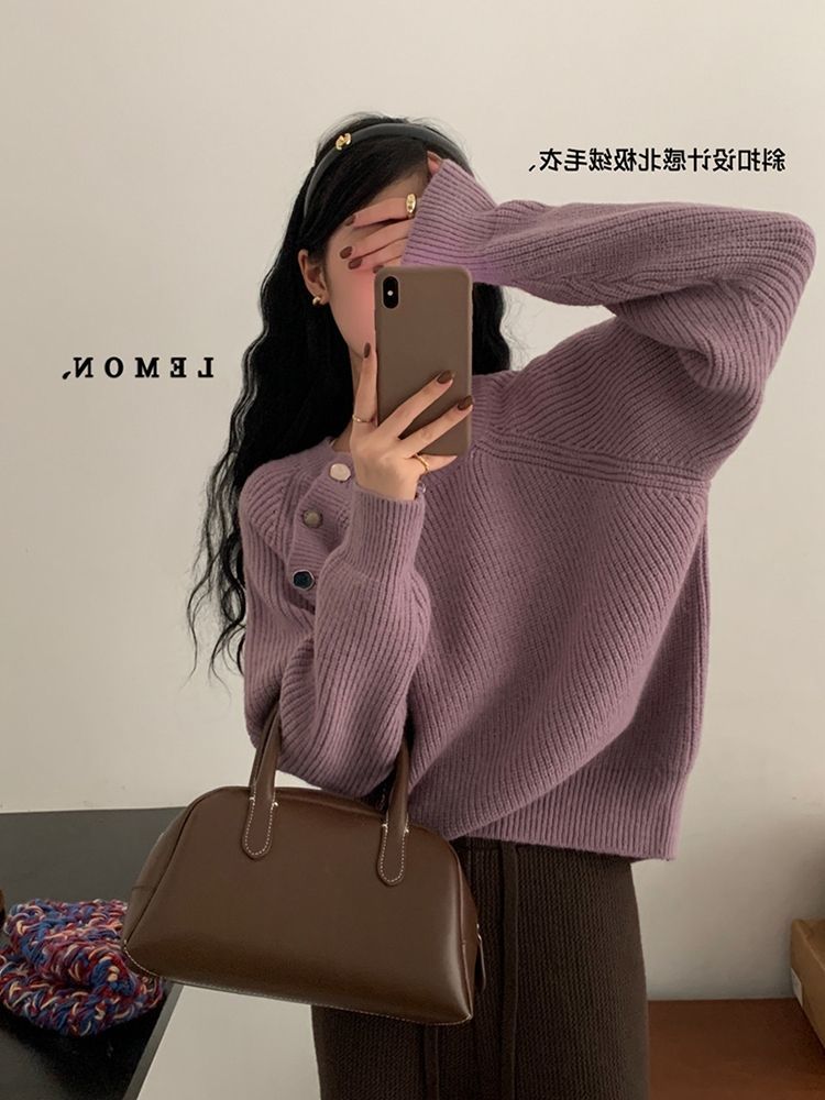 XJ家復古小個子氛圍套頭毛衣女秋冬韓版斜扣設計感洋氣別致針織衫