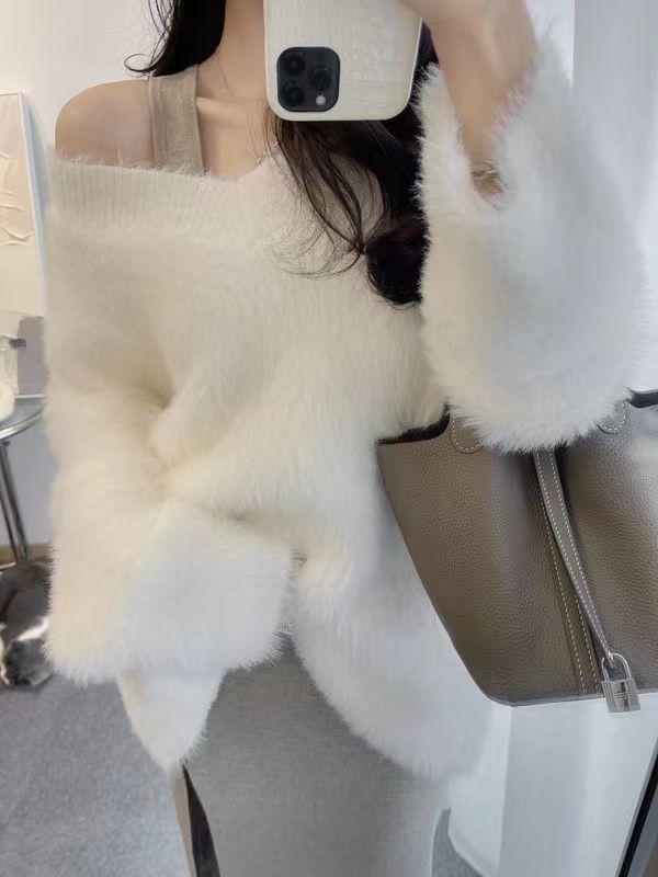 秋冬毛衣白色衣女溫柔水貂絨毛外穿新款套頭慵懶寬鬆上衣針織衫