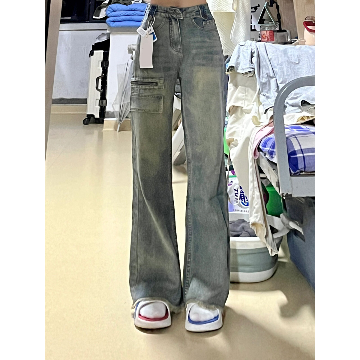 美拉德復古工裝毛邊微喇牛仔褲女秋冬ins新款垂感闊腿拖地褲子潮