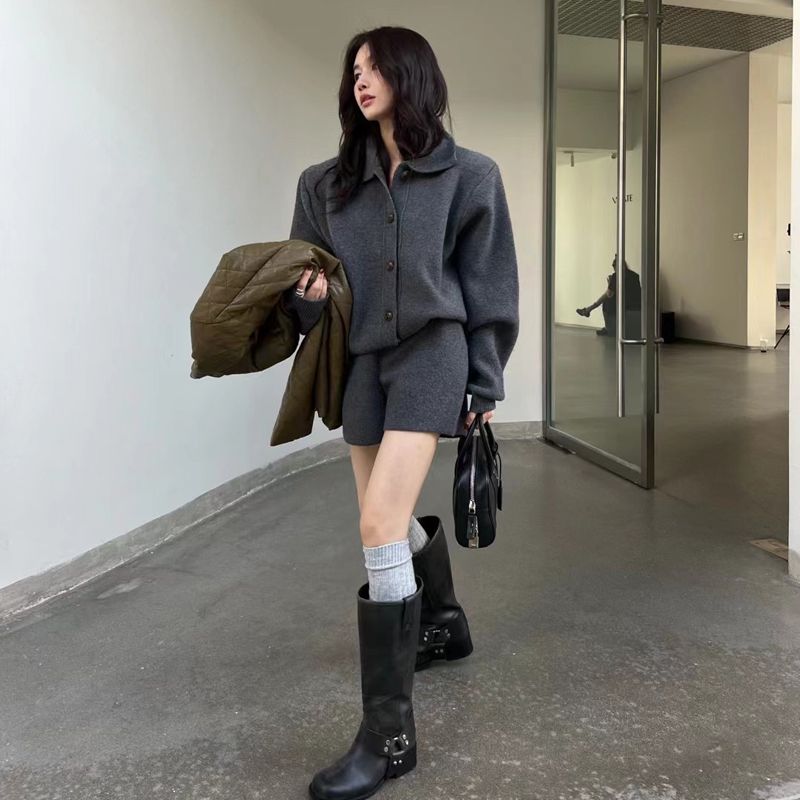時尚針織套裝女寬鬆休閒上衣高腰短褲兩件套深冬裝爆款搭配一整套