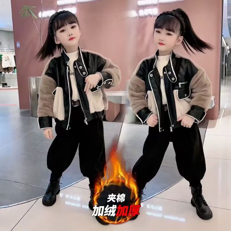 Girls' winter thickened jacket and velvet harem pants 2023 new style fur-in-one winter clothing for middle-aged and older children
