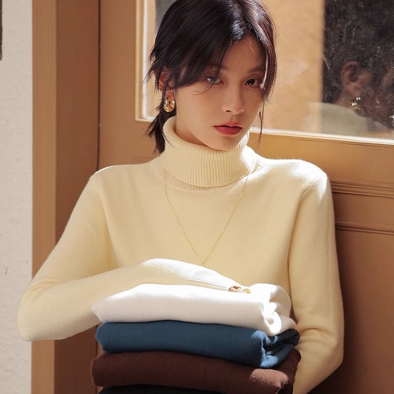 高領加絨針織打底衫女2023秋冬新款洋氣修身加厚內搭長袖保暖毛衣