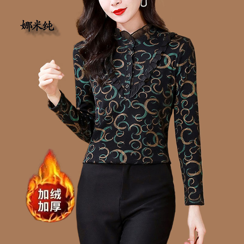 時尚百搭加絨加厚打底衫女冬季新款氣質印花立領內搭保暖女士上衣