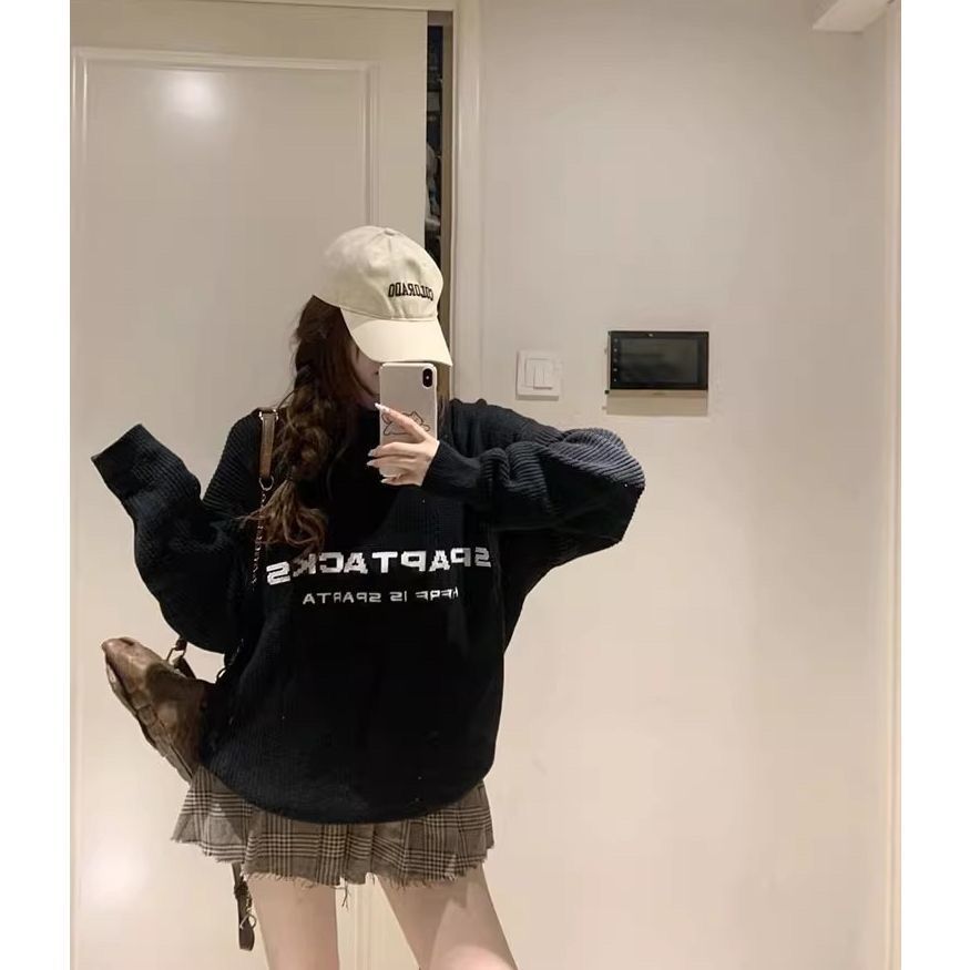 美式高街圓領毛衣女秋冬新款字母刺繡長袖針織衫寬鬆慵懶風上衣潮