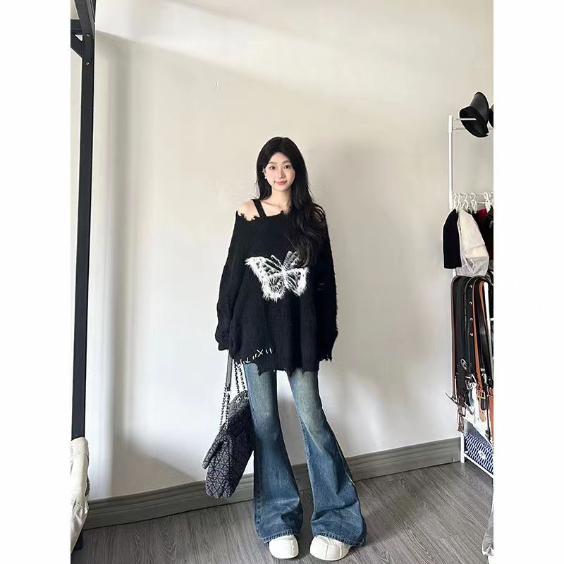 新款2023蝴蝶毛絨蝴蝶結慵懶毛衣寬鬆秋冬設計破洞針織衫上衣